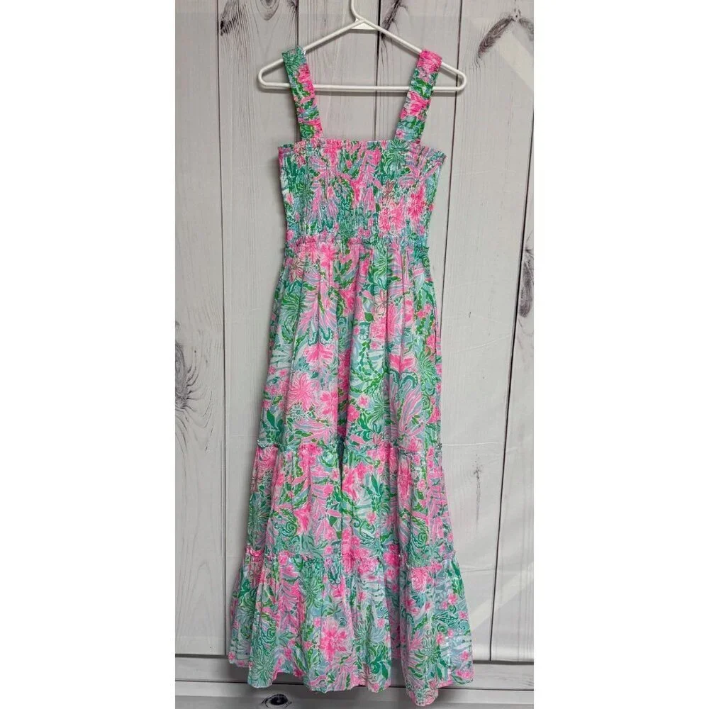 Lilly Pulitzer Hadley Smocked Midi Dress Medium Amalfi Blue Leaf It Wild NWT - Picture 3 of 15